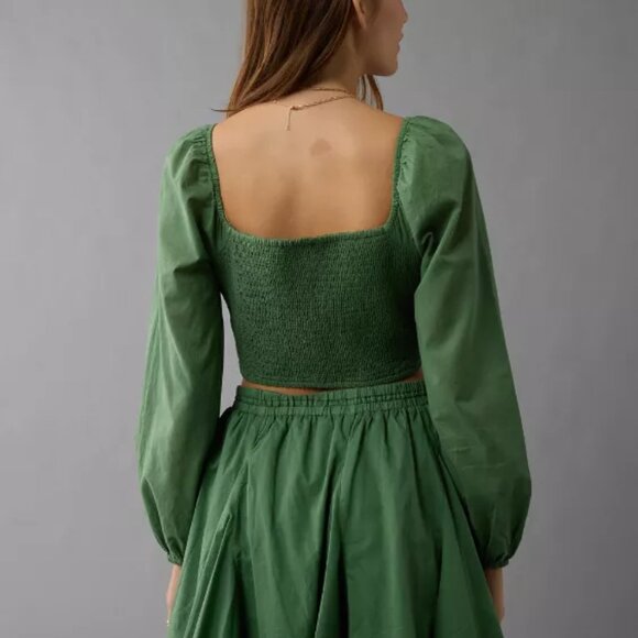NWOT American Eagle AE Cropped Corset Balloon Sleeve Top Smocked Back Green sz L - Picture 2 of 15